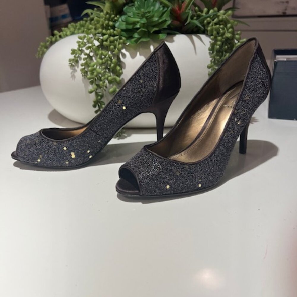 M by Marinelli Formal Sparkly Open Toe Pumps Color: Chocolate Size: 6.5